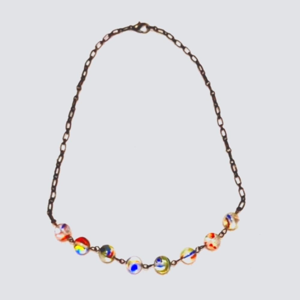 OOAK Handmade Glass Marbles and Bronze Link Adjustable Choker - Necklace